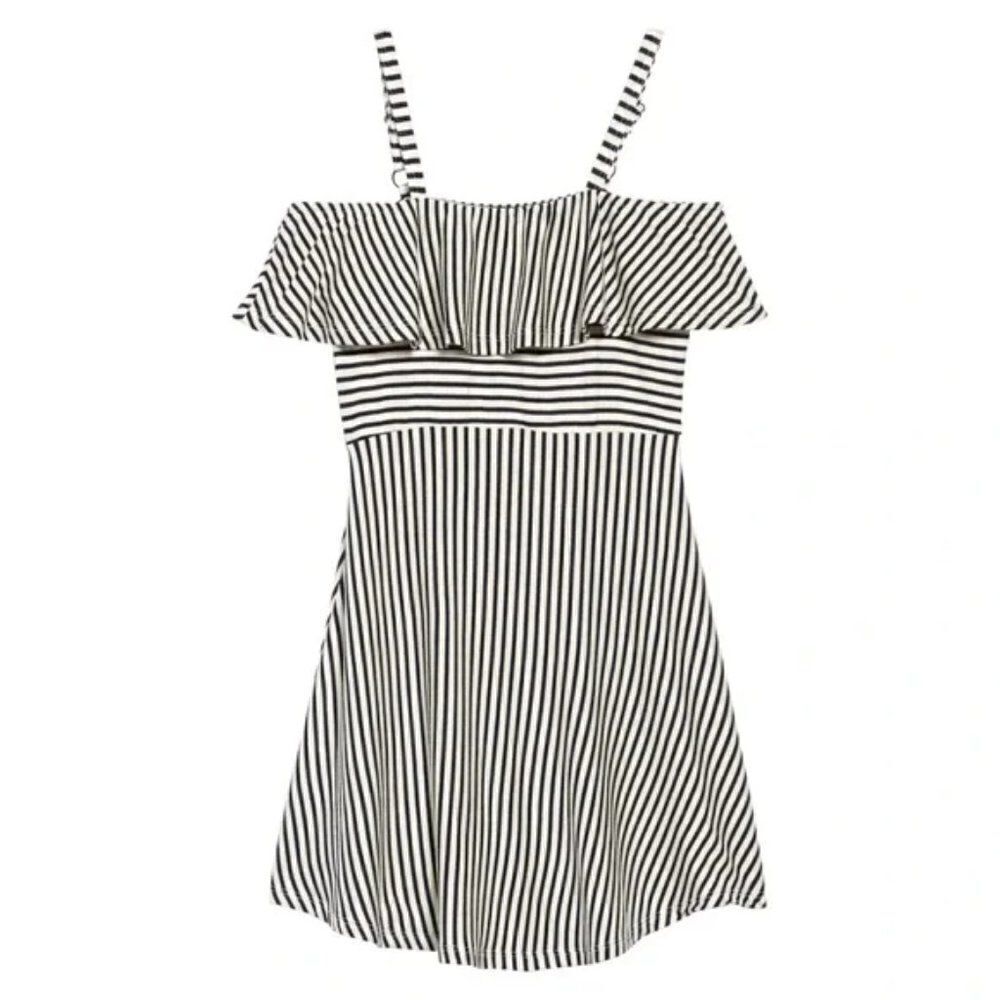 Ten Sixty Sherman Girls | Striped Cold Shoulder Dress - Medium in Black/White